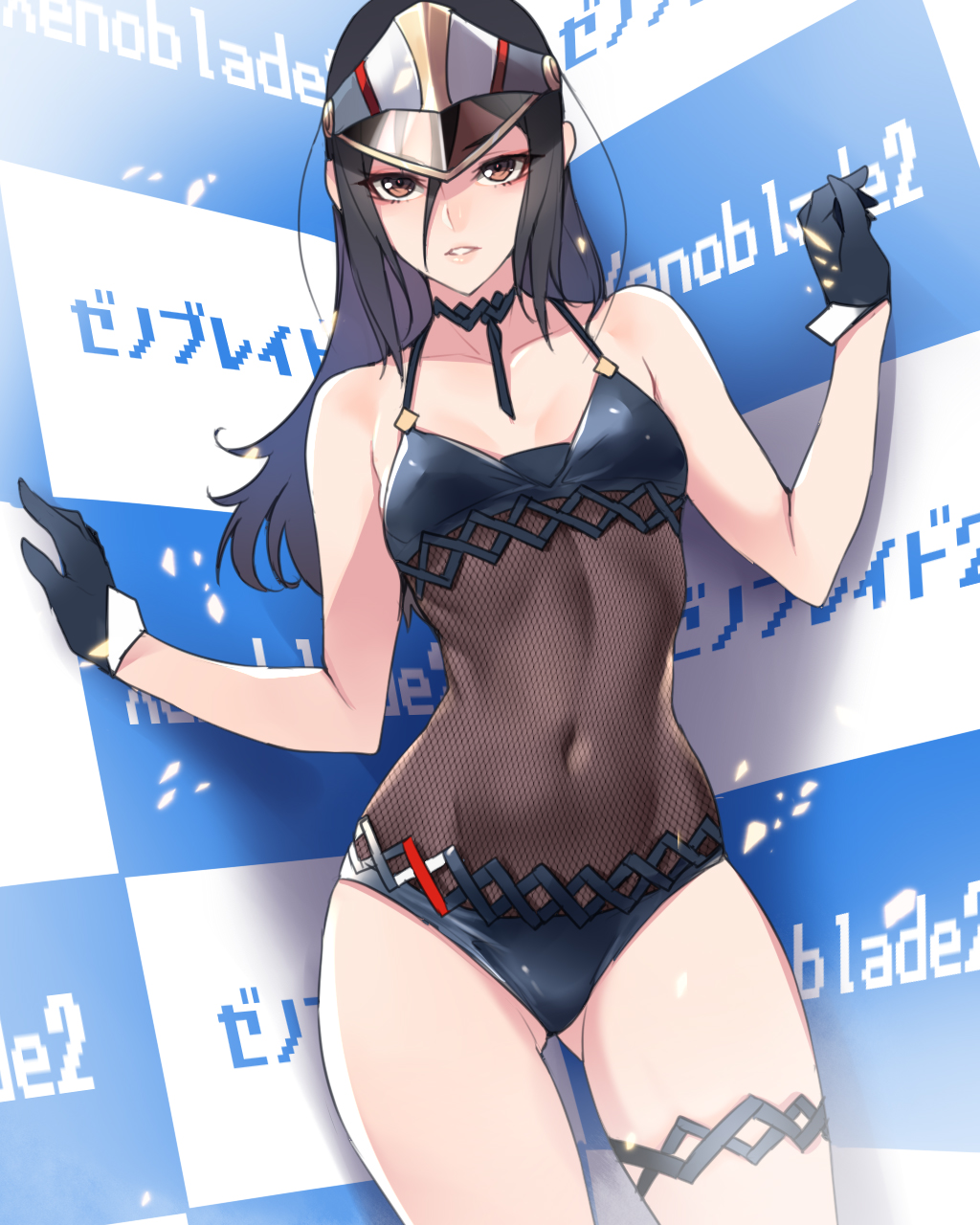 1girl, ban, bangs, bare_shoulders, black_choker, black_gloves, black_hair, black_ribbon, black_swimsuit, breasts, brown_eyes, casual_one-piece_swimsuit, checkered, checkered_background, choker, collarbone, commentary_request, copyright_name, covered_navel, cowboy_shot, dutch_angle, fishnets, gloves, gluteal_fold, groin, hair_between_eyes, hand_on_wall, hands_up, highres, hip_focus, light_particles, looking_at_viewer, meleph_(xenoblade), nintendo, one-piece_swimsuit, parted_lips, ribbon, ribbon_choker, shadow, sidelocks, small_breasts, sofmap_background, solo, standing, step_and_repeat, straight_hair, swimsuit, thigh_strap, thighs, visor_cap, xenoblade_(series), xenoblade_2