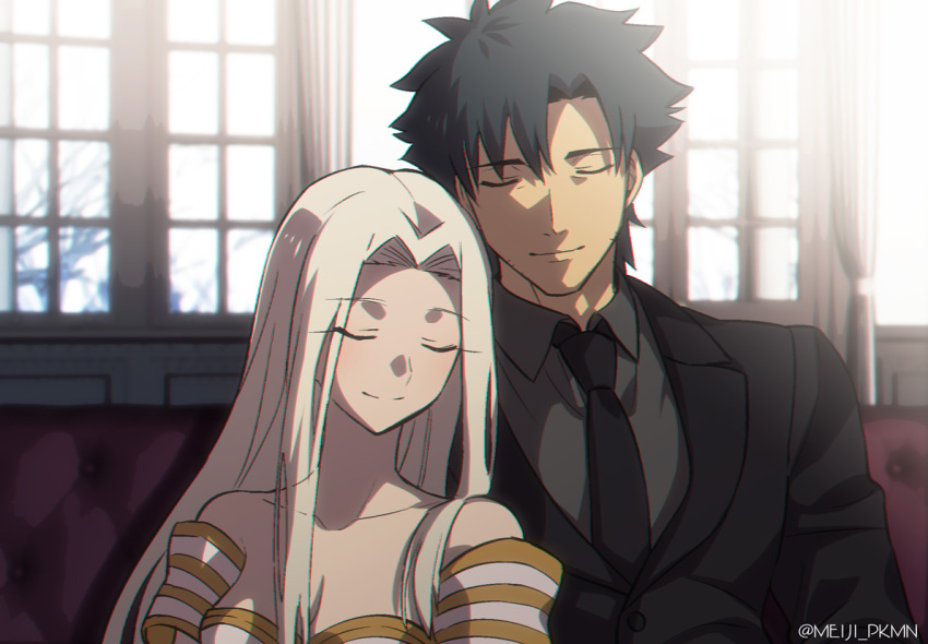 black_hair, black_jacket, black_neckwear, breasts, cleavage, closed_eyes, collarbone, collared_shirt