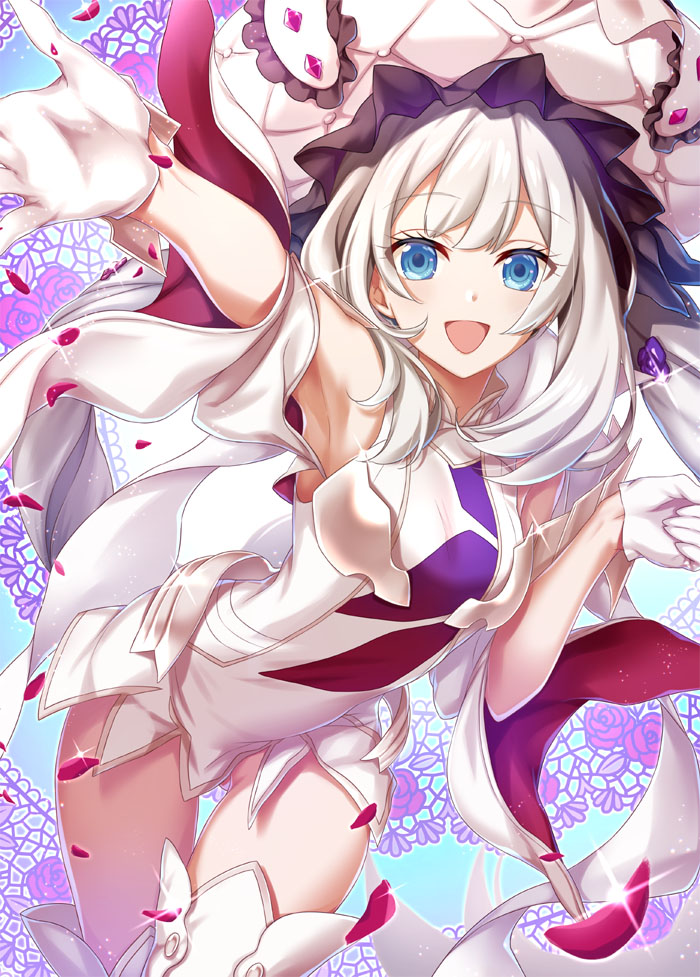 1girl, :d, armpits, blue_eyes, boots, dress, eyebrows_visible_through_hair, fate/grand_order