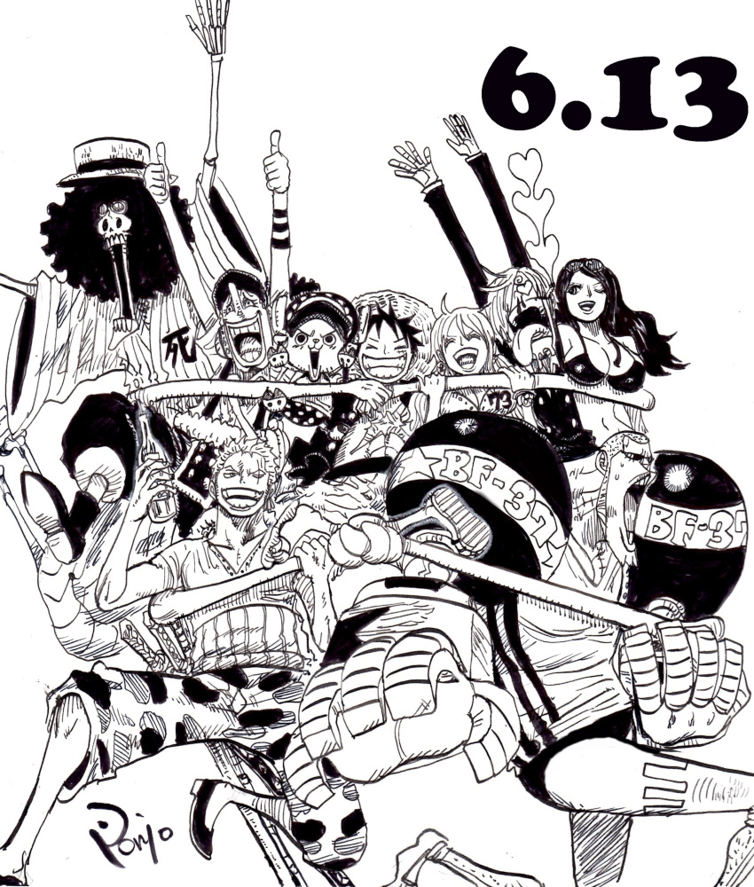 2girls, 6+boys, ^_^, absurdres, afro, arms_up, bare_arms, bikini, blood, boots, brook, burn_scar, buzz_cut, cigarette, closed_eyes, closed_eyes, cyborg, dated, drooling, earmuffs, eyewear_on_head, feet_out_of_frame, franky, friends, furrowed_eyebrows, greyscale, grin, group_hug, hair_over_one_eye, happy, hat, heart, heart_eyes, highres, hug, jacket, japanese_clothes, kimono, log_pose, long_hair, long_sleeves, looking_afar, looking_at_another, looking_to_the_side, male_swimwear, marker_(medium), mechanical_arm, monkey_d_luffy, monochrome, multiple_boys, multiple_girls, muscle, nami_(one_piece), navel, nico_robin, nishiponi, nosebleed, official_style, one_eye_closed, one_piece, open_mouth, outstretched_arms, pants, roronoa_zoro, sanji, scar, scar_across_eye, sheath, shirt, shoes, short_hair, short_sleeves, sideburns, skeleton, smile, smoke, stitches, stomach, straw_hat, sunglasses, sweat, swim_briefs, swimsuit, swimwear, sword, teeth, thumbs_up, tongue, tongue_out, tony_tony_chopper, traditional_media, usopp, v-shaped_eyebrows, very_short_hair, weapon, wide_sleeves, |d