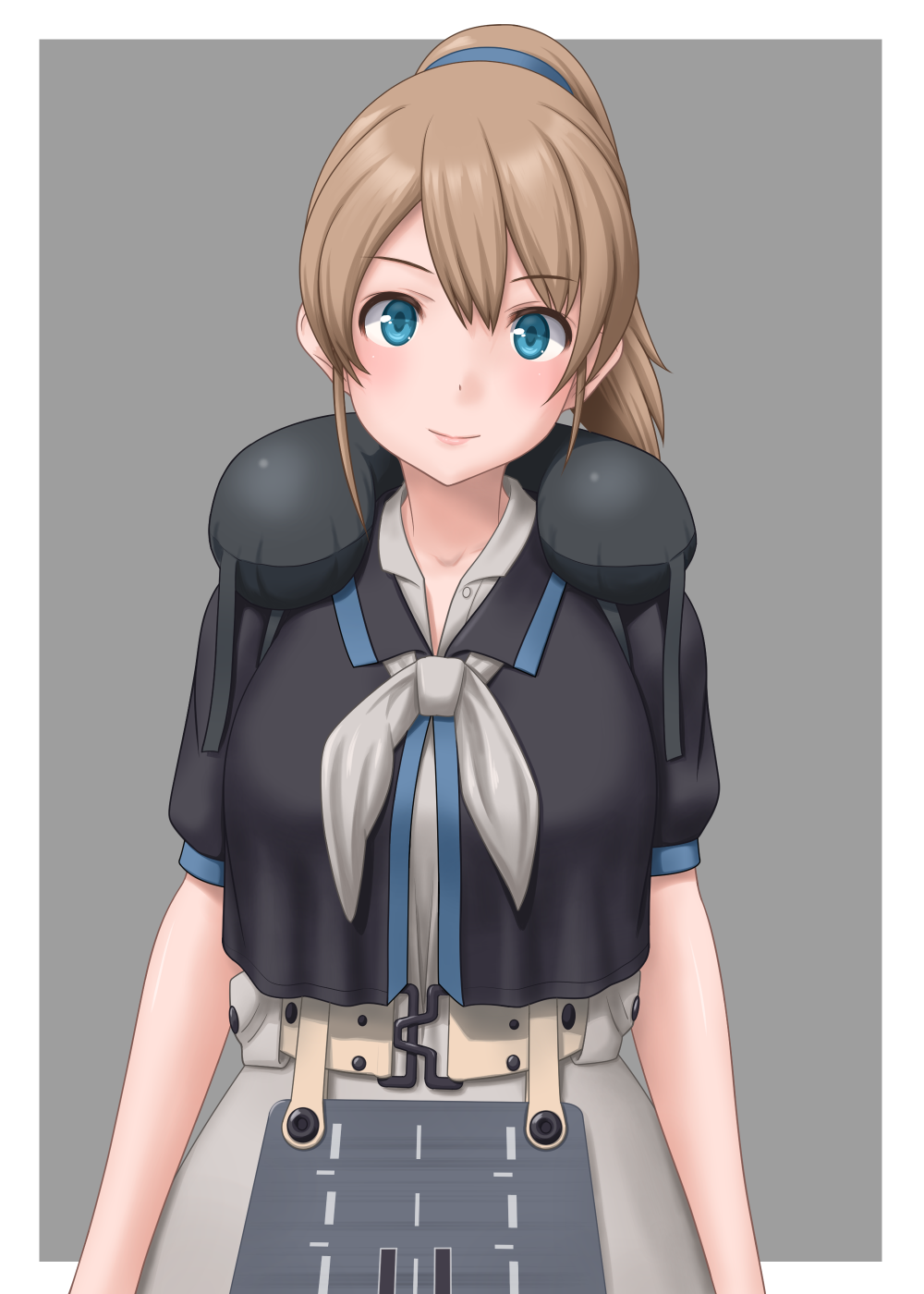 1girl, belt, black_shirt, blue_eyes, breasts, brown_belt, brown_hair, grey_background, grey_neckwear, hair_between_eyes, highres, intrepid_(kantai_collection), kantai_collection, large_breasts, life_preserver, looking_at_viewer, neck_pillow, neckerchief, ponytail, shirt, short_hair, short_sleeves, skirt, solo, t2r, upper_body, white_shirt, white_skirt