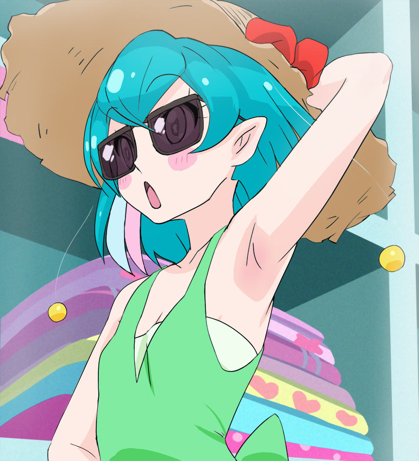 1girl, :o, arm_behind_head, armpits, blue_hair, blush_stickers, breasts, cleavage