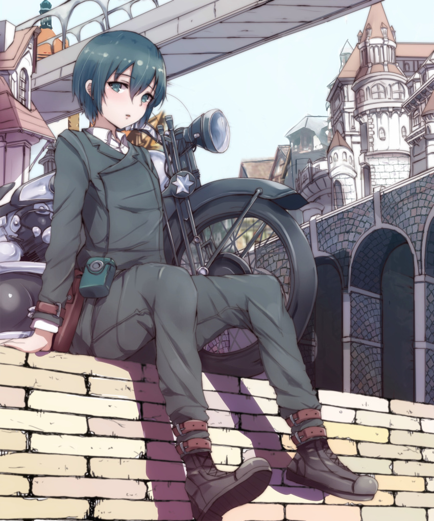 1girl, androgynous, ankle_belt, black_footwear, blush, boots, bridge, building
