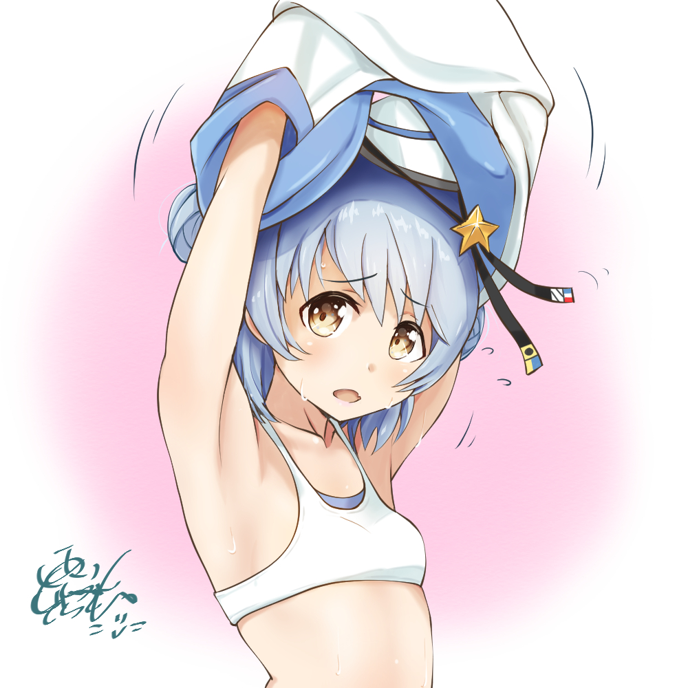 1girl, armpits, black_ribbon, blue_hair, blue_sailor_collar, commentary_request, dixie_cup_hat, double_bun