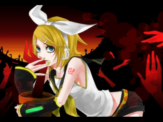 blue_eyes, cage_(artist), detached_sleeves, evil, fear_garden_(vocaloid), headphones, kagamine_rin, ribbon