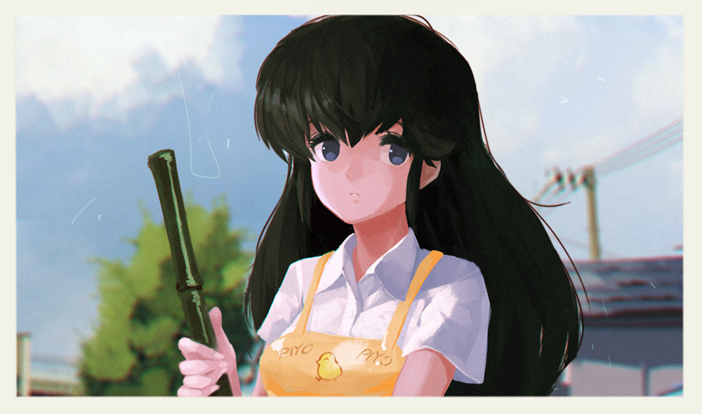 1girl, apron, bamboo_broom, bangs, black_eyes, black_hair, blue_sky, blurry