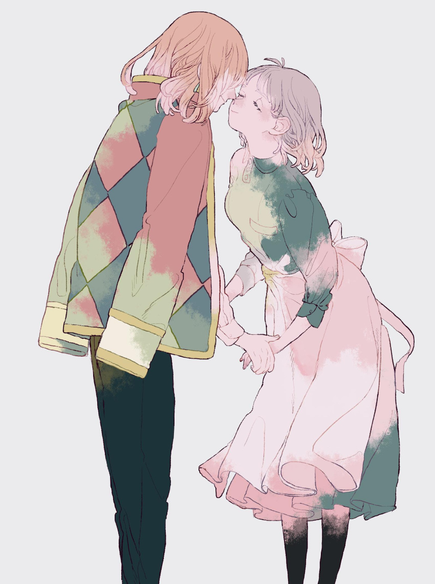 1boy, 1girl, apron, black_pants, blonde_hair, checkered_jacket, closed_eyes, couple