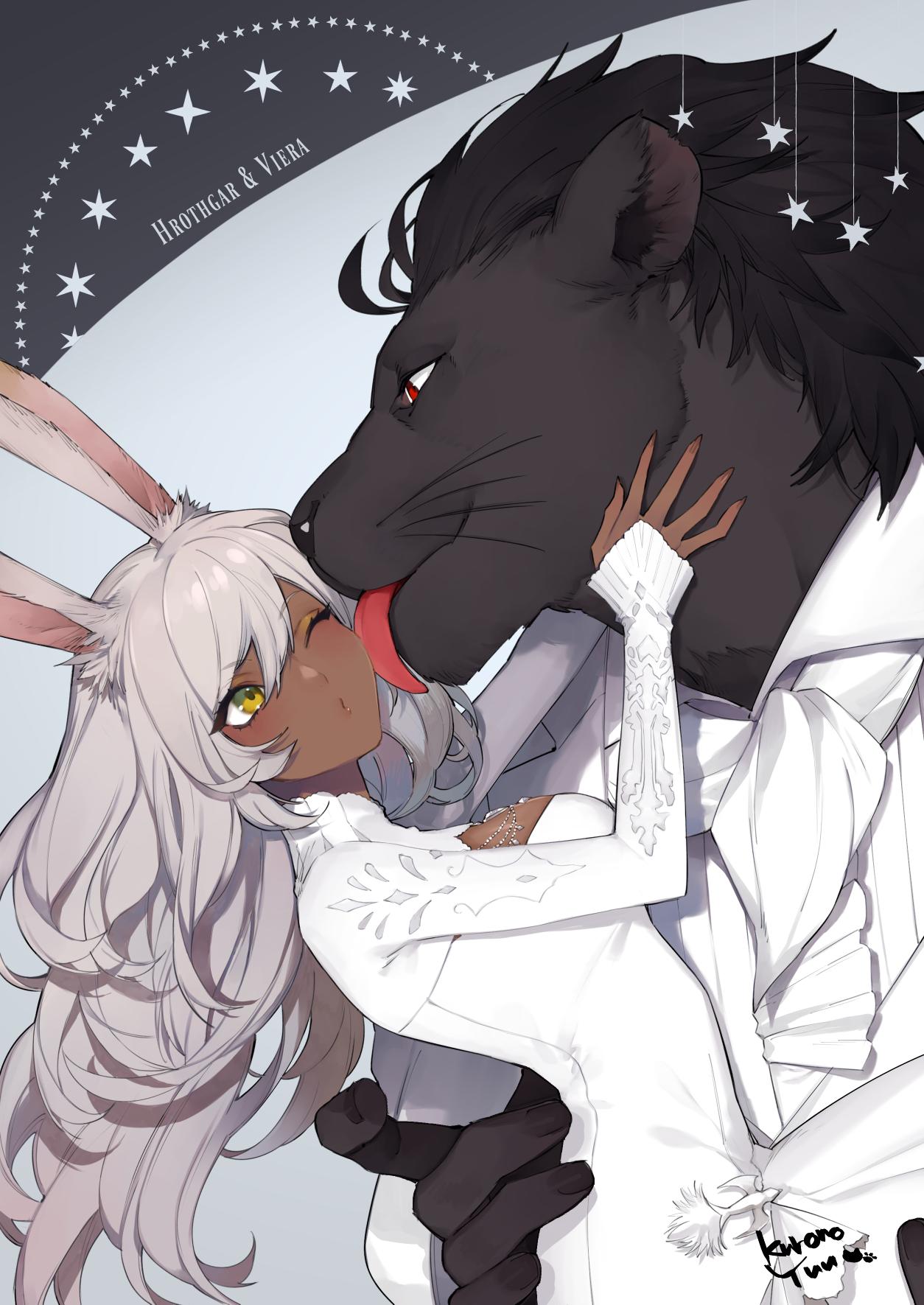 1boy, 1girl, animal_ears, blush, breasts, cleavage, dark_skin, final_fantasy