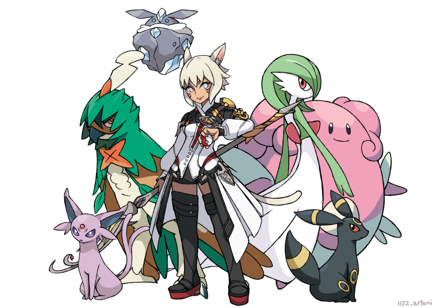 1girl, absurdres, animal_ear_fluff, animal_ears, arm_at_side, black_eyes, blissey, blonde_hair