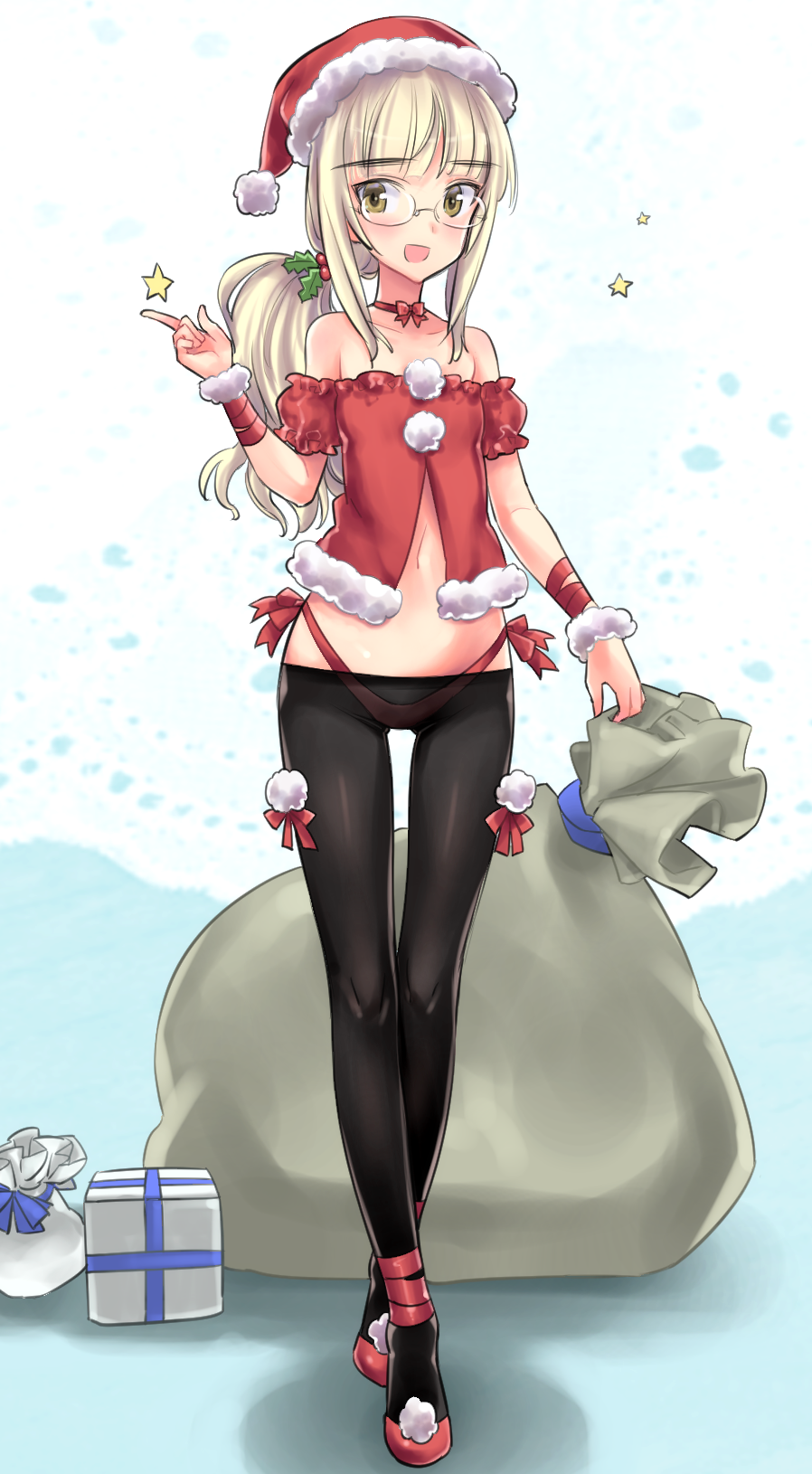 1girl, alternate_costume, aohashi_ame, bangs, bare_shoulders, black_legwear, blonde_hair, christmas