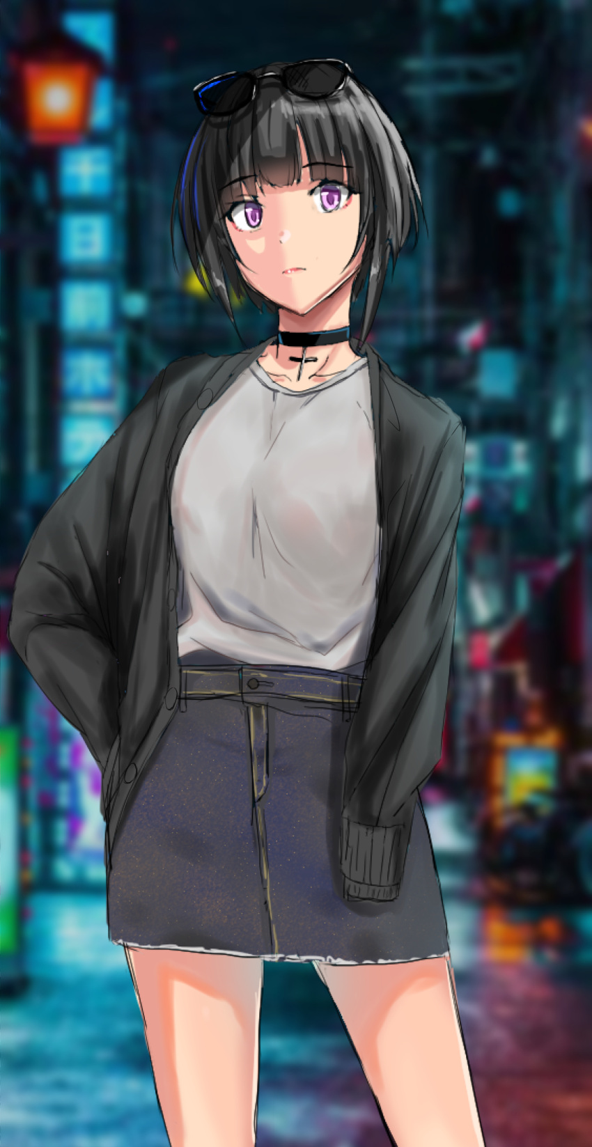 1girl, bangs, black_cardigan, black_choker, black_hair, choker, city, closed_mouth