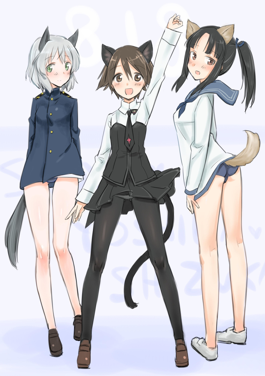 :d, absurdres, animal_ears, aohashi_ame, arm_up, arms_behind_back, ass, black_blouse