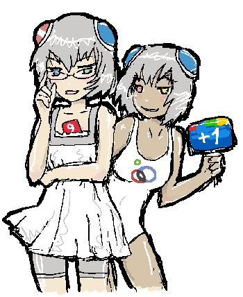 2girls, bike_shorts, dark_skin, dual_persona, glasses, google+, heterochromia, lowres