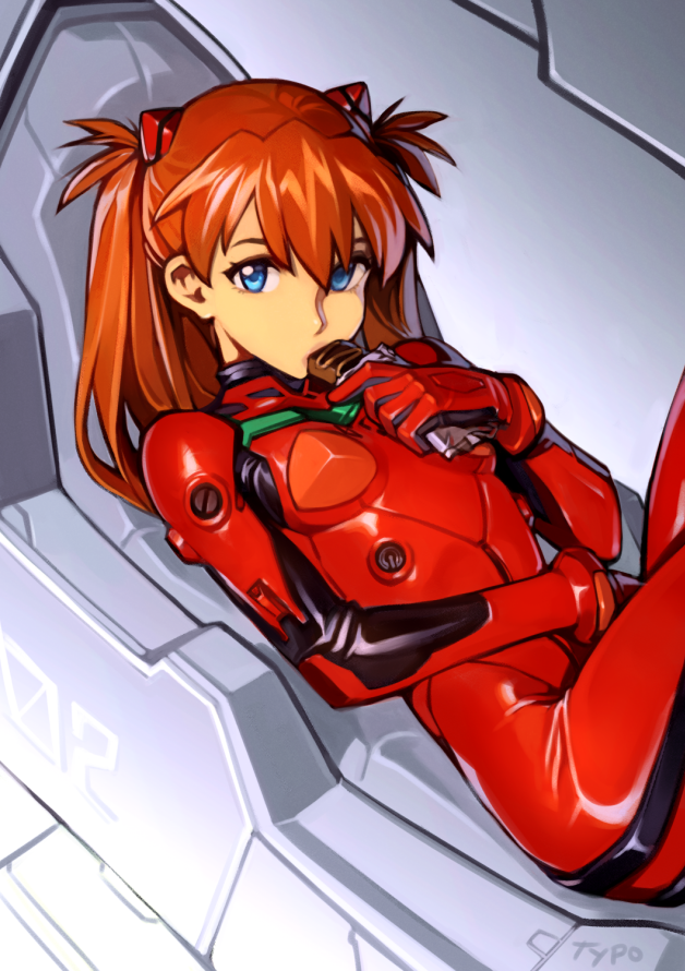1girl, blue_eyes, bodysuit, breasts, candy_bar, cockpit, commentary, eating, english_commentary, hair_between_eyes, looking_at_viewer, multicolored, multicolored_bodysuit, multicolored_clothes, neon_genesis_evangelion, orange_hair, pilot_suit, plugsuit, red_bodysuit, shiny, shiny_clothes, small_breasts, souryuu_asuka_langley, typo_(requiemdusk)