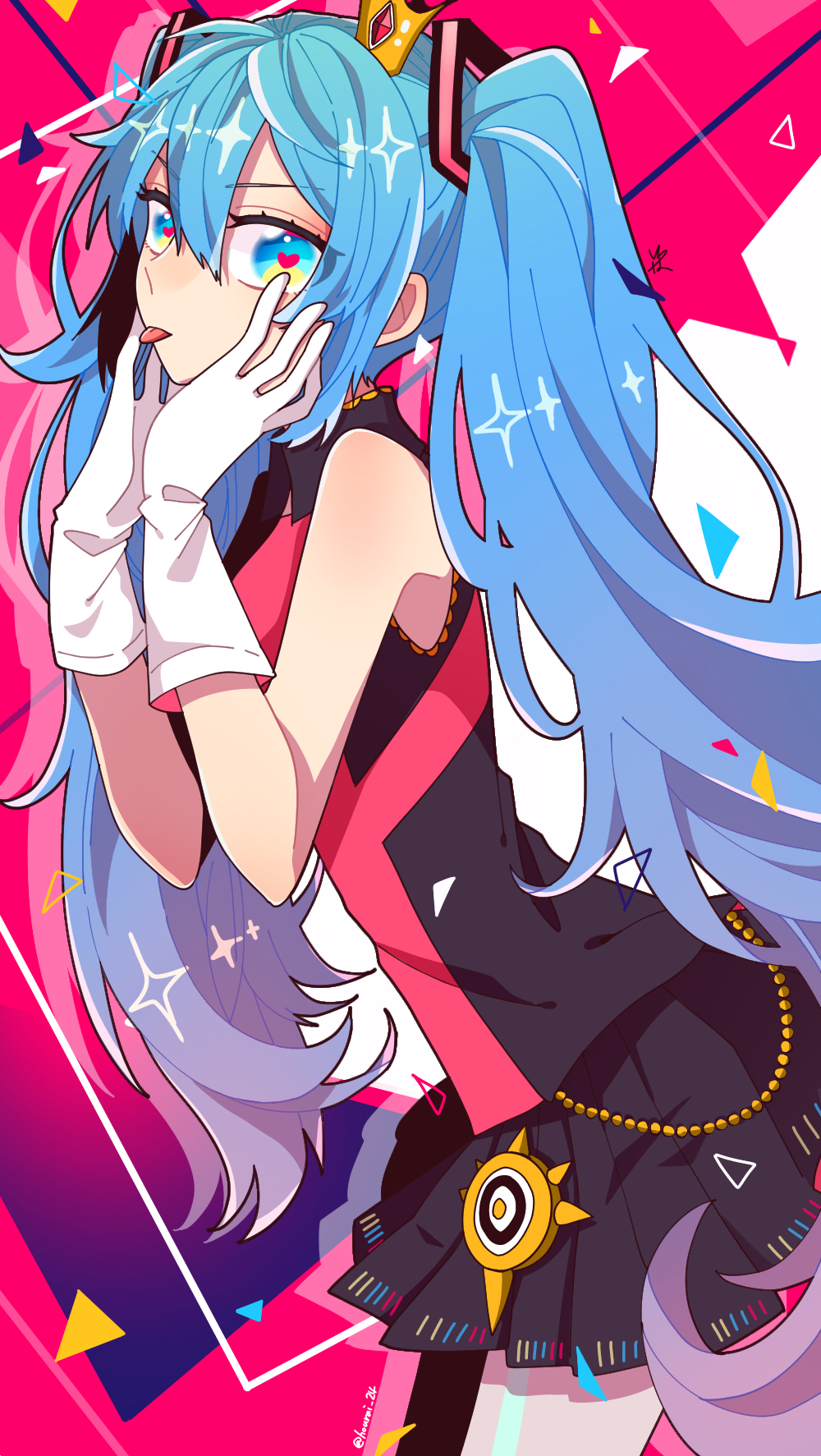 1girl, :p, alternate_costume, black_shirt, black_skirt, blue_eyes, blue_hair, colorful
