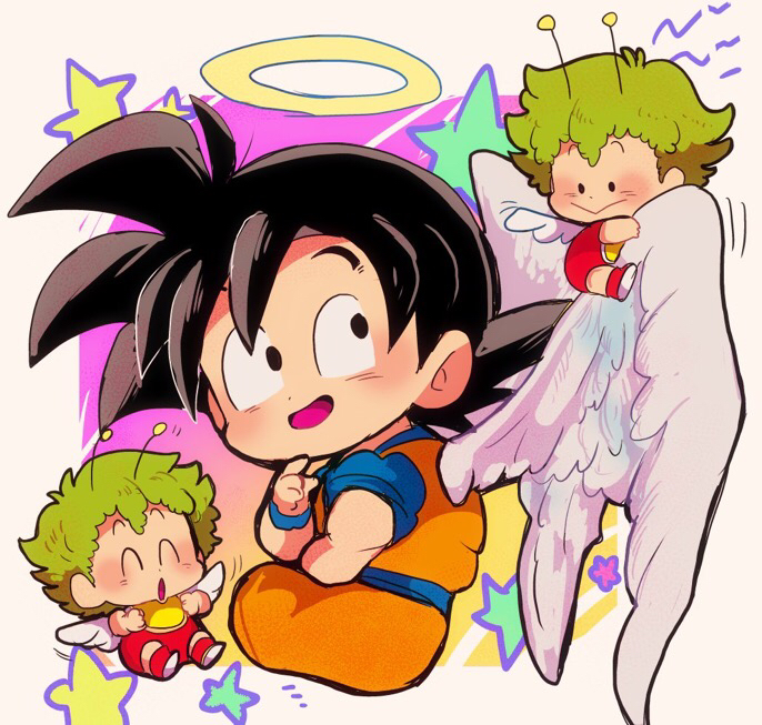 3boys, :>, :d, ^_^, angel_wings, antennae, beige_background, black_eyes
