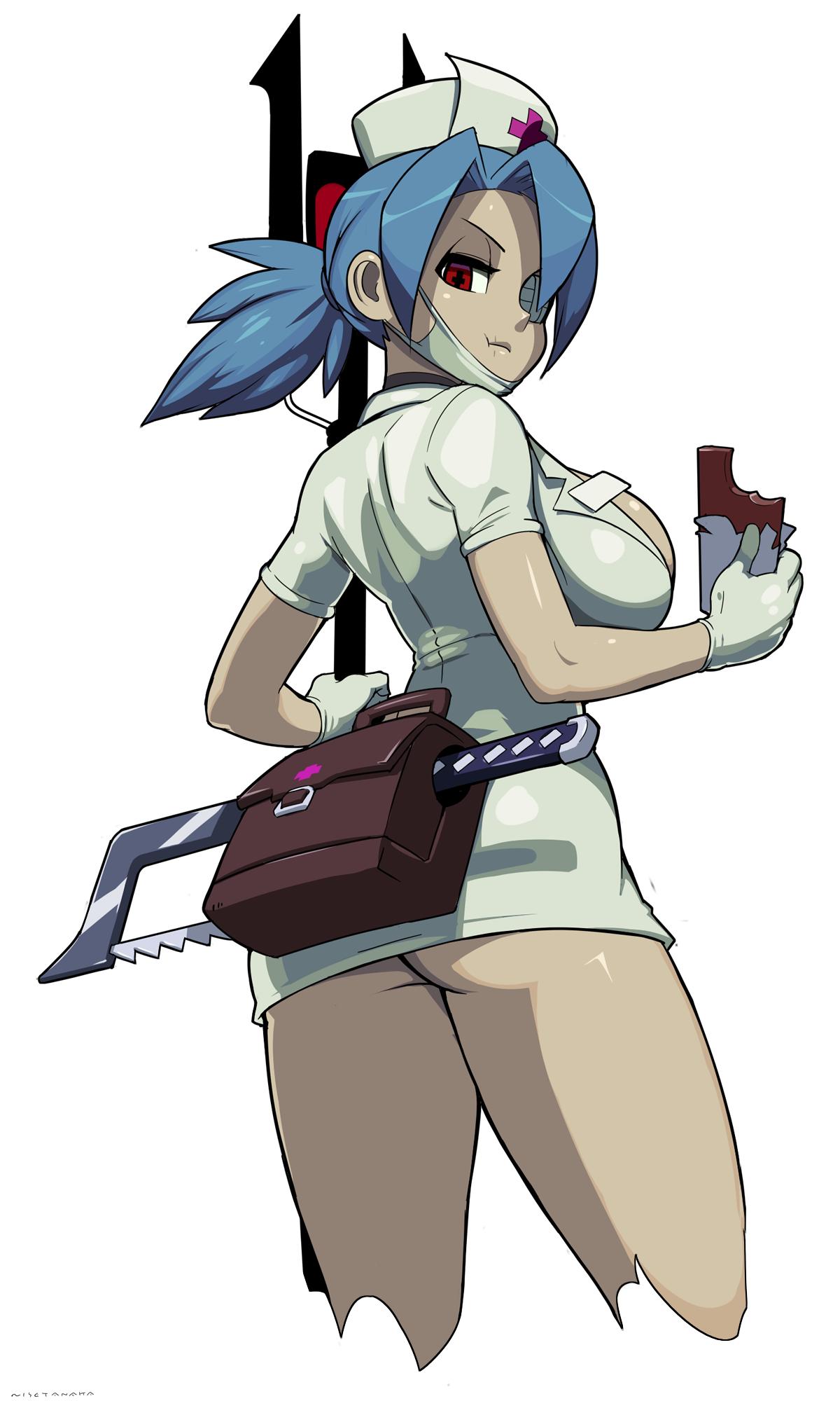 +_+, 1girl, ass, blue_hair, breasts, chocolate_bar, cowboy_shot, dress