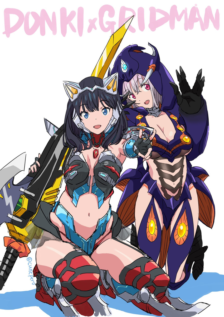 2girls, alternate_costume, animal_ears, anti_(ssss.gridman), anti_(ssss.gridman)_(cosplay), black_hair, blue_eyes, breasts