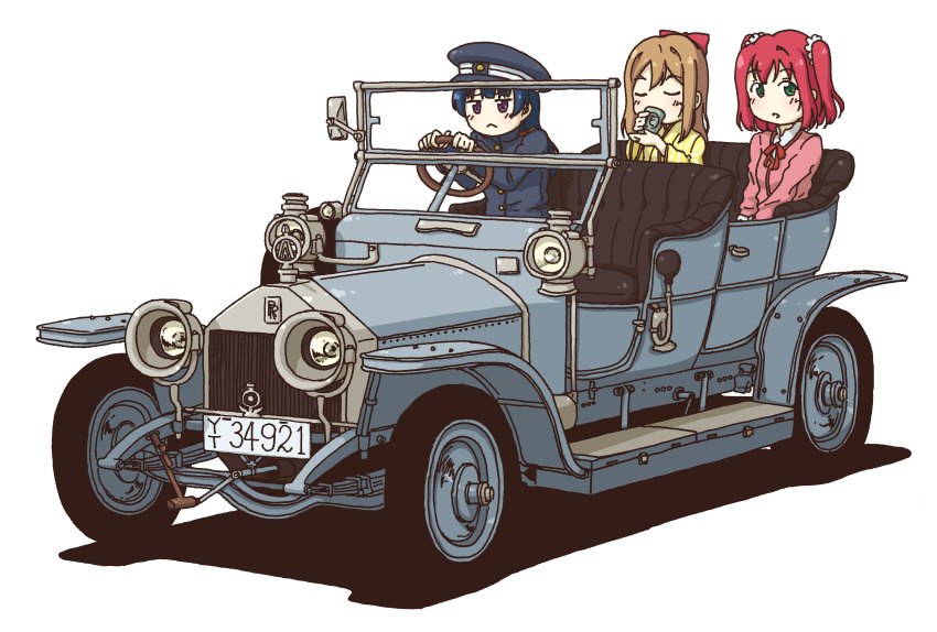 3girls, absurdres, car, drink, ground_vehicle, hair_ribbon, hat, highres