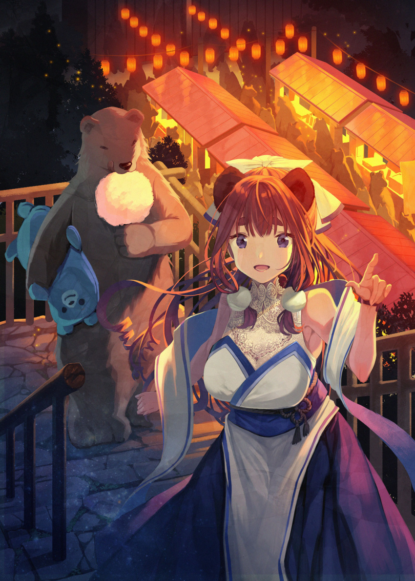 1girl, animal_ears, bear, bear_ears, blue_eyes, bow, breasts, brown_hair