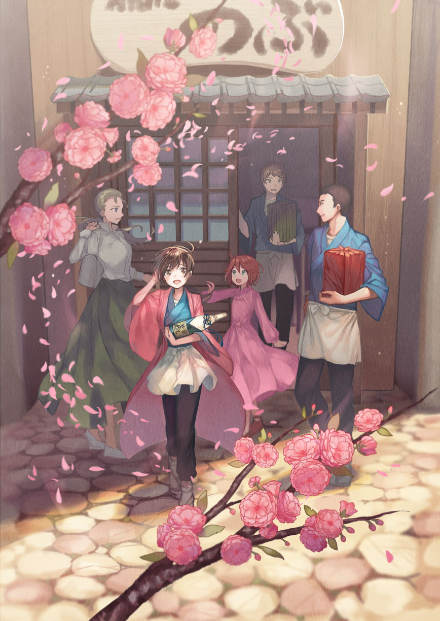2boys, 3girls, :d, alcohol, apron, black_pants, brown_eyes, brown_hair