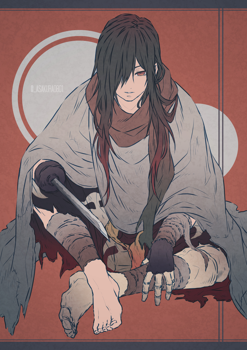 asakura0801, black_hair, brown_scarf, cape, crossed_ankles, dororo_(tezuka), fingerless_gloves, gloves, gradient_hair, grey_cape, hair_over_one_eye, highres, hyakkimaru_(dororo), leg_wrap, long_hair, male_focus, multicolored_hair, prosthesis, prosthetic_arm, prosthetic_leg, prosthetic_weapon, red_background, red_eyes, redhead, scarf, sitting