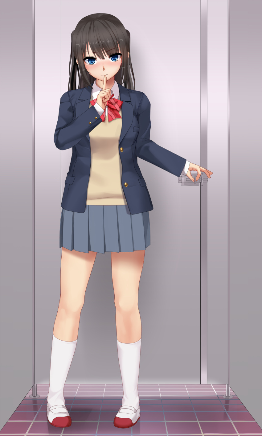 1girl, bangs, black_hair, black_jacket, blazer, blue_eyes, blurry, blurry_background, blush, bow, bowtie, buttons, collared_shirt, cubicle, e, eto, eyebrows_visible_through_hair, finger_to_mouth, full_body, grey_skirt, groin, highres, indoors, jacket, kneehighs, latch, locking, long_sleeves, looking_at_viewer, miniskirt, original, pleated_skirt, school_uniform, shirt, shoes, skirt, solo, standing, striped, striped_bow, striped_neckwear, sweater_vest, tile_floor, tiles, two_side_up, uwabaki, white_legwear, white_shirt, wing_collar
