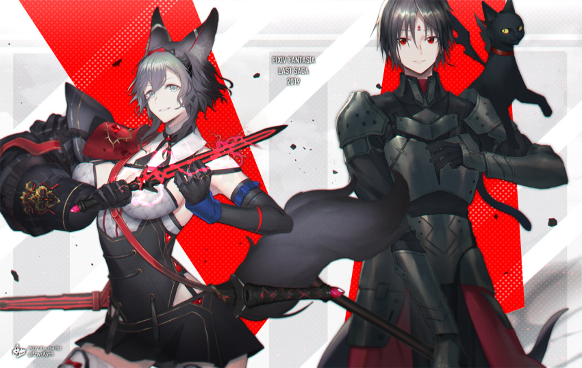 1boy, 1girl, animal_ears, artist_name, aym, black_armor, black_cat, black_gloves