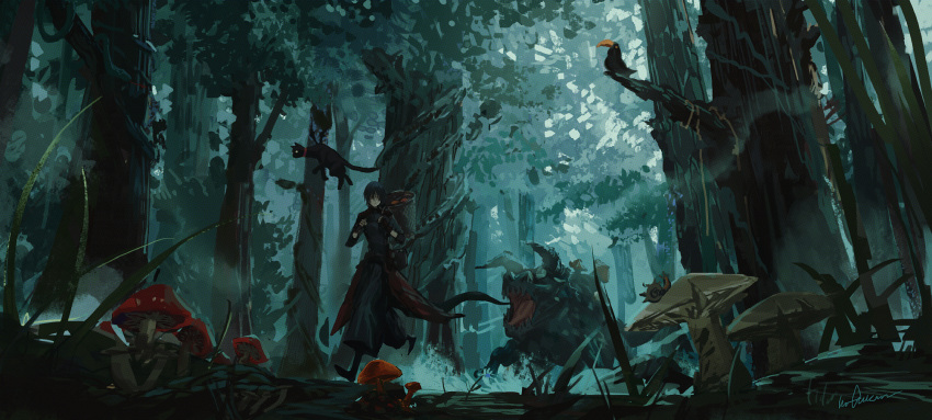 1boy, artist_name, bag, basket, bird, black_cat, black_footwear, cat, city_guard_(infukun), day, forest, handbag, highres, infukun, monster, mushroom, nature, outdoors, over_shoulder, pixiv_fantasia, pixiv_fantasia_last_saga, plant, scenery, snail, solo, standing, tail, tree, vines