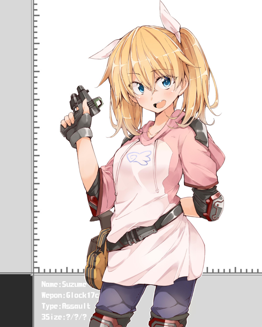 1girl, arm_behind_back, bag, belt, bibi, black_belt, blonde_hair, blue_eyes