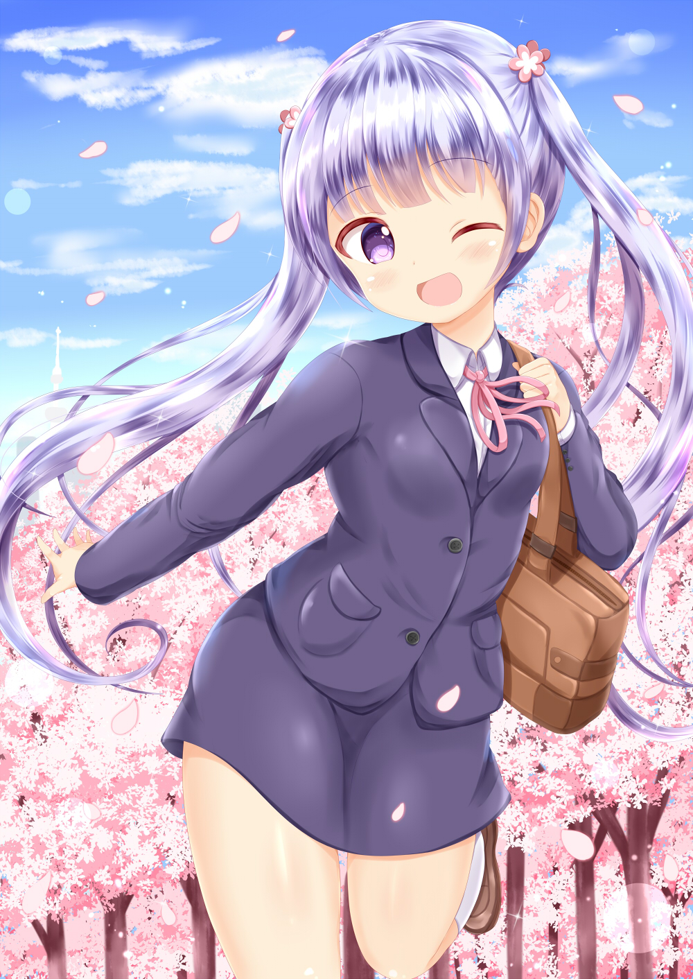 1girl, ;d, bag, bangs, blue_sky, blush, brown_footwear, cherry_blossoms