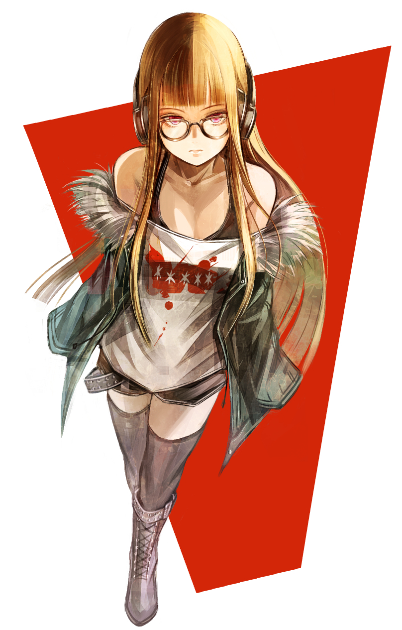 1girl, black-framed_eyewear, black_shirt, black_shorts, boots, breasts, brown_hair, cleavage