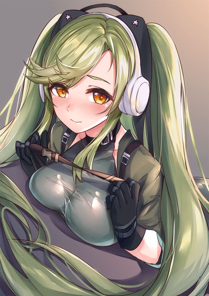 1girl, bangs, black_gloves, blush, bobo_(6630978), breast_press, breasts, brown_background, brown_eyes, commentary_request, girls_frontline, gloves, gradient, gradient_background, green_hair, green_jacket, grey_background, headphones, holding, jacket, long_hair, looking_at_viewer, magal_(girls_frontline), medium_breasts, short_sleeves, solo, twintails, very_long_hair