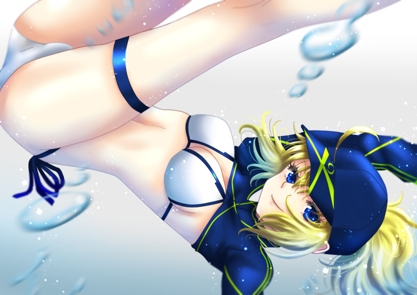 1girl, artoria_pendragon_(all), baseball_cap, bikini, blonde_hair, blue_eyes, blue_headwear, blue_ribbon