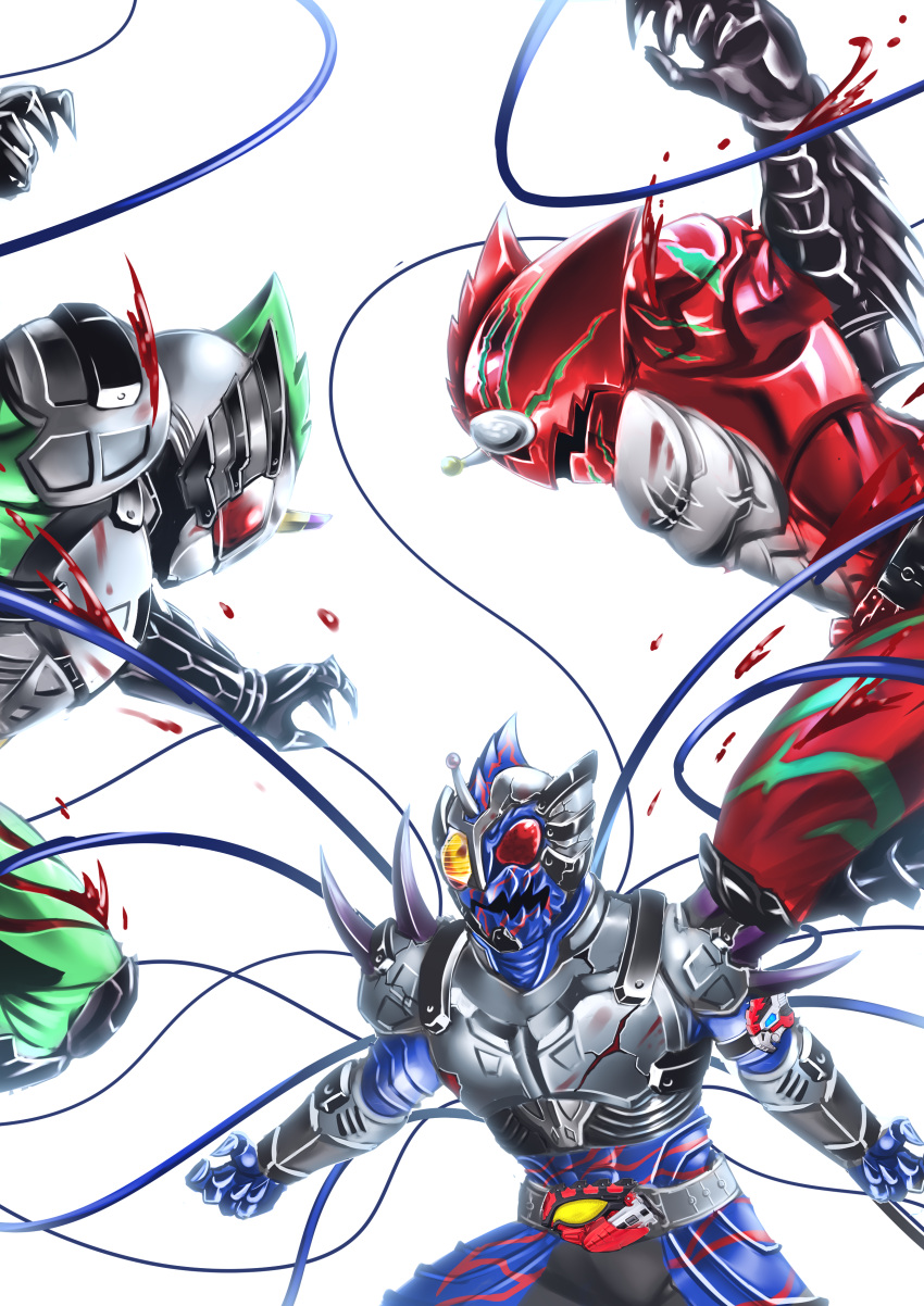 3boys, absurdres, arm_blade, armor, battle, belt, blood, blue_skin