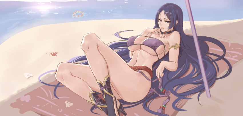 1girl, armlet, ayu_(p1314_win), bangs, bare_shoulders, beach, beads, bikini, blush, breasts, choker, cleavage, collarbone, eyepatch_bikini, fate/grand_order, fate_(series), knees_up, large_breasts, legs, long_hair, looking_at_viewer, lying, minamoto_no_raikou_(fate/grand_order), minamoto_no_raikou_(swimsuit_lancer)_(fate), navel, on_back, parted_bangs, parted_lips, purple_bikini, purple_hair, rope, side-tie_bikini, smile, solo, swimsuit, thighs, under_boob, very_long_hair, violet_eyes