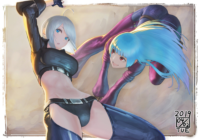 2girls, abs, absurdres, ahoge, angel_(kof), belt, black_panties, blue_eyes