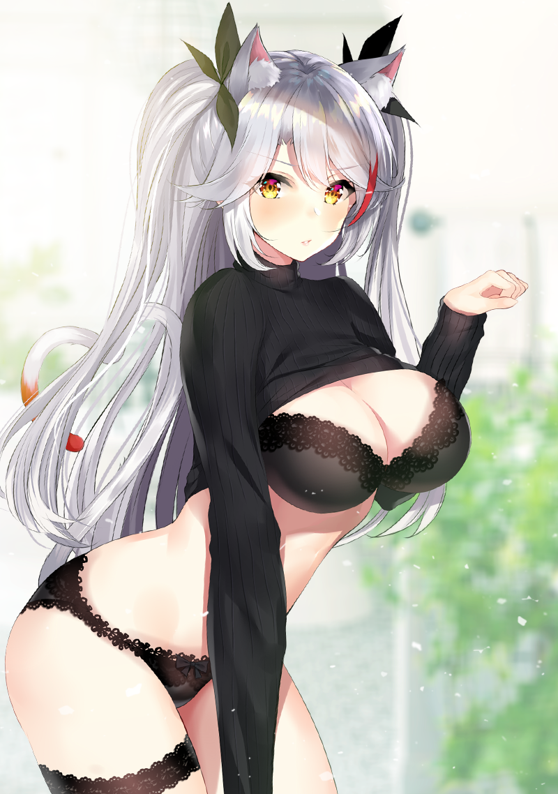 1girl, animal_ears, antenna_hair, azur_lane, bangs, black_bra, black_panties, black_ribbon
