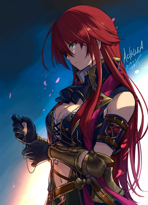 1girl, achillea_(flower_knight_girl), black_gloves, black_neckwear, blue_background, breasts, character_name, city_forest_online