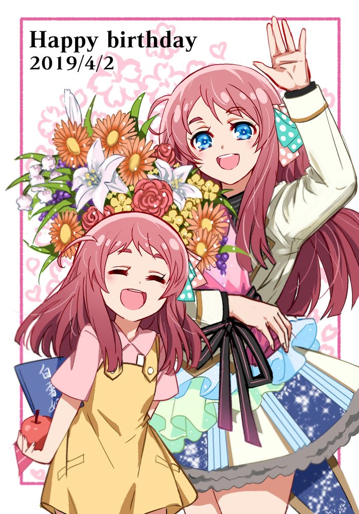 2girls, ahoge, apple, blue_eyes, bouquet, bow, child, closed_eyes