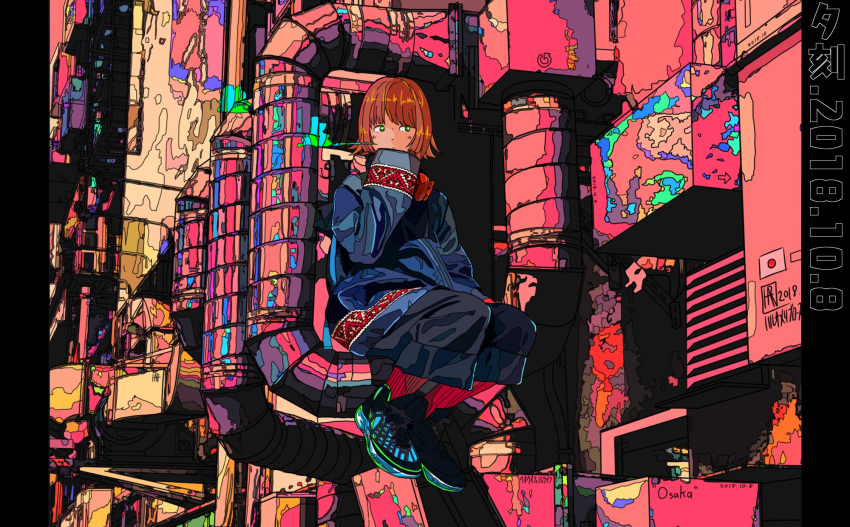1girl, bangs, blue_jacket, brown_hair, dated, green_eyes, hand_up, harusameriburo