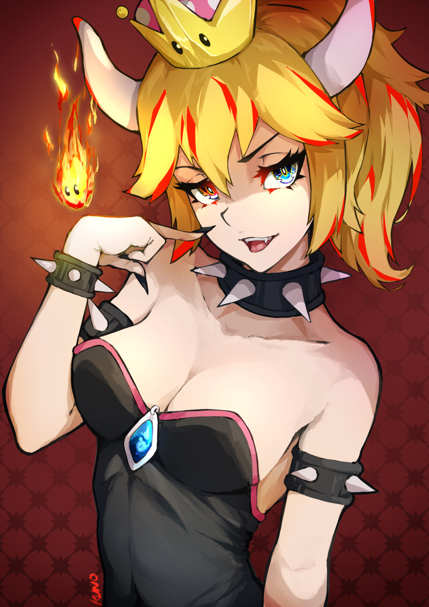 1girl, absurdres, bare_shoulders, black_collar, black_dress, black_nails, blonde_hair, blue_eyes