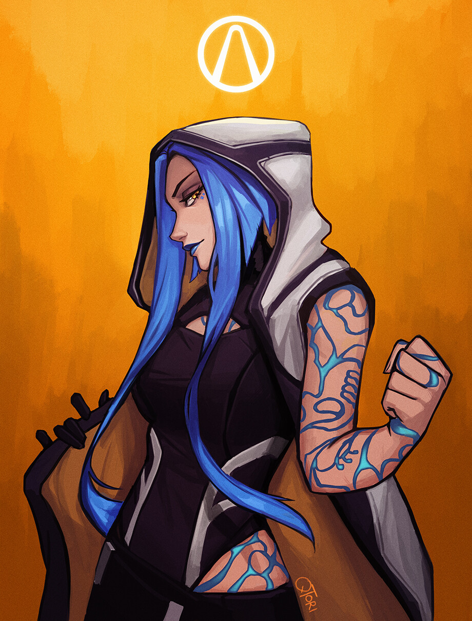 1girl, belt, black_gloves, blue_hair, blue_lips, borderlands, borderlands_3, clenched_hand