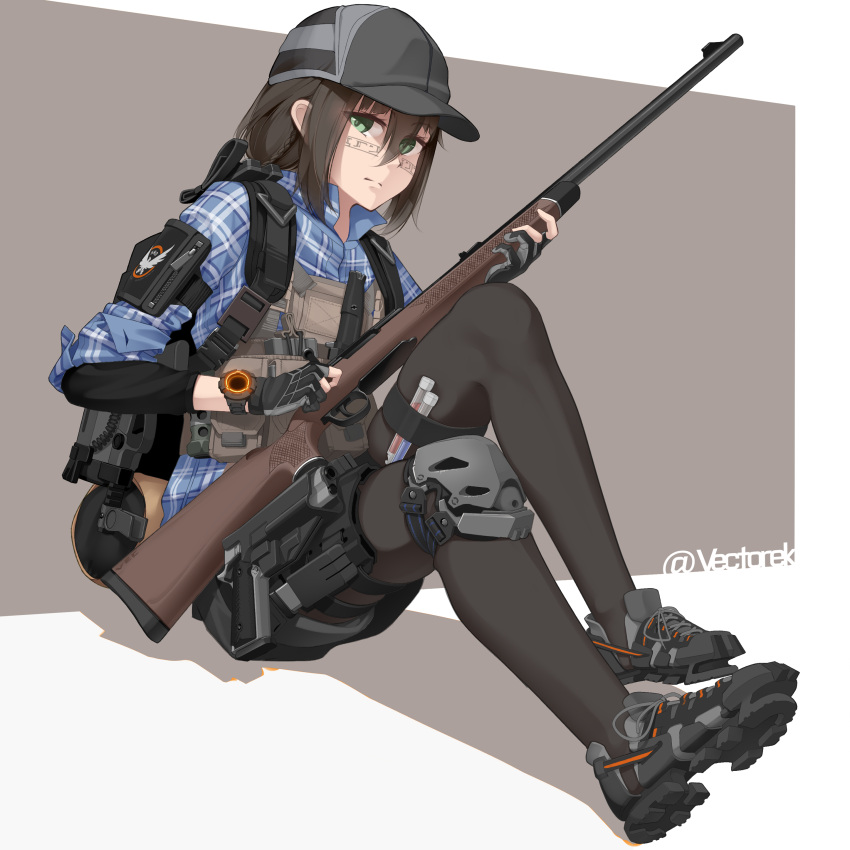 1girl, absurdres, baseball_cap, black_legwear, bolt_action, brown_hair, facial_tattoo, gloves