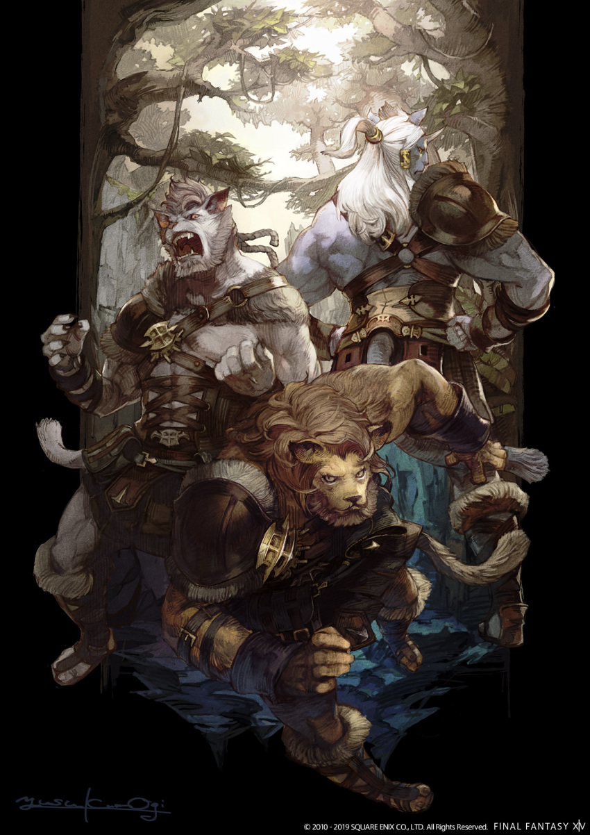 3boys, animal_ears, armor, beard, belt, brown_hair, cat_ears, cat_tail