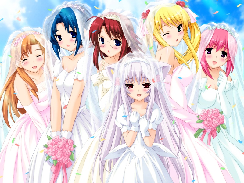 animal_ears, blonde_hair, blue_eyes, blue_hair, blush, bouquet, bouquets, bridal_veil, bride, closed_eyes, confetti, dress, elbow_gloves, everyone, flower, fujimiya_rin, game_cg, girl, glasses, gloves, kirishima_isami, long_hair, multiple_girls, mutsumi_masato, nanatsuki_ayane, natsume_akina, orange_hair, ouka_toki, pink_hair, purple_eyes, purple_hair, red_eyes, red_hair, redhead, senagawa_satsuki, short_hair, take_your_pick, twintails, veil, violet_eyes, wedding_dress, wink, yokubari_saboten
