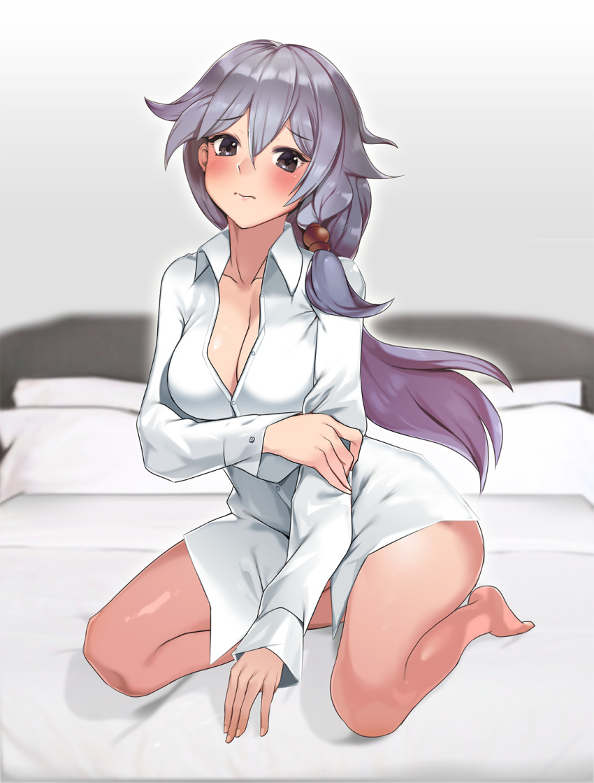 1girl, bare_legs, blue_hair, blush, bottomless, breasts, brown_eyes, buttons