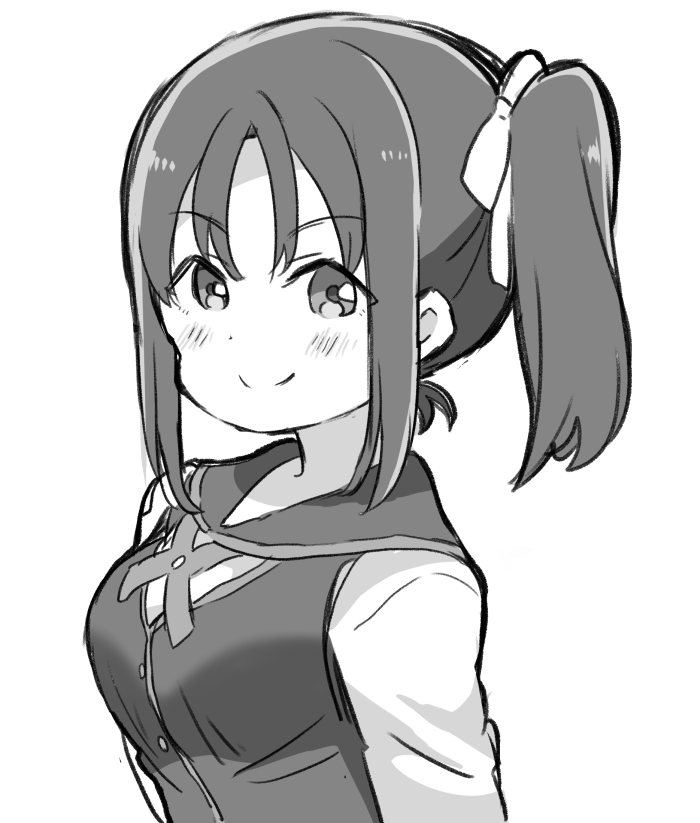 >:), 1girl, bangs, blush, greyscale, hair_ribbon, kazuno_sarah, love_live!