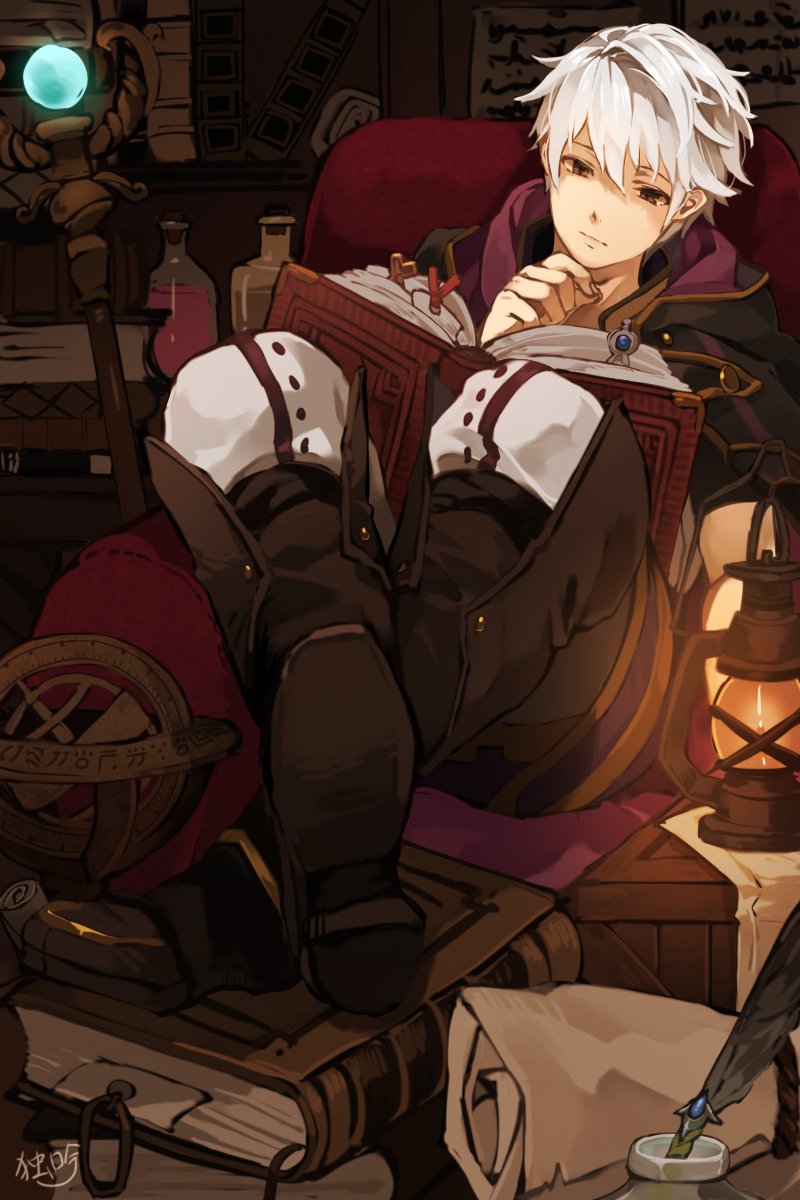 1boy, book, boots, brown_eyes, cloak, doku_gin1126, fire_emblem, fire_emblem:_kakusei, highres, holding, holding_book, lantern, male_my_unit_(fire_emblem:_kakusei), my_unit_(fire_emblem:_kakusei), nintendo, reading, solo