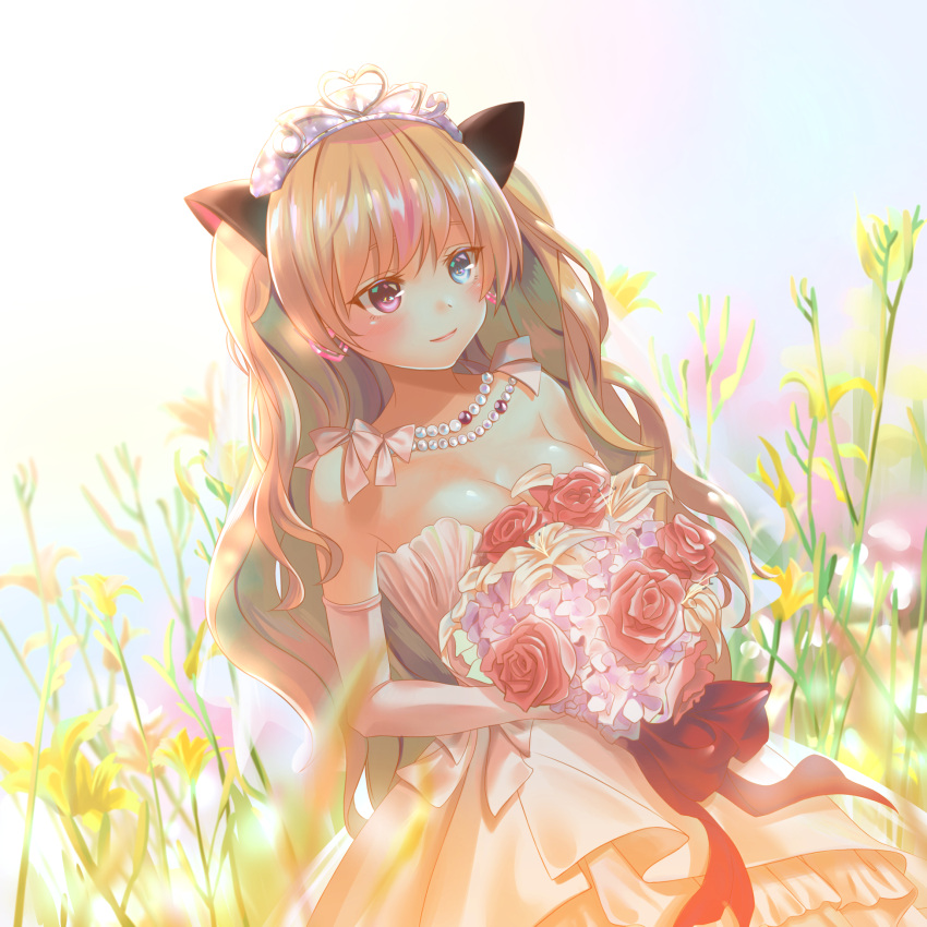 1girl, alternate_costume, animal_ears, bare_shoulders, blonde_hair, blue_eyes, blurry, bouquet